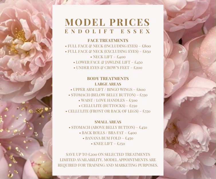 MiaBella Endolift Essex — Model patient prices for face and body treatments
